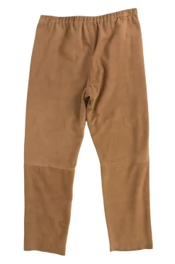 Brown suede tapered pants with elastic waist band.