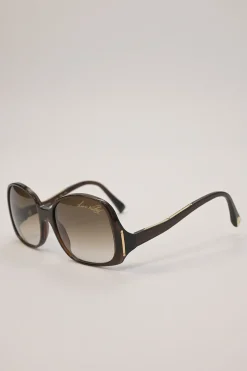 Brown tortoiseshell acetate and metal oversized inverted square shape sunglasses