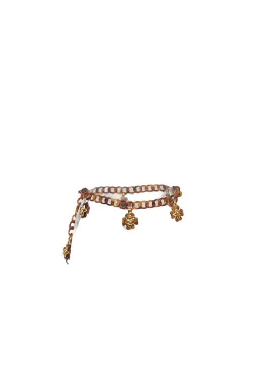 Brown tortoiseshell lucite chunky chain belt with Coco Mark heart and clover charms