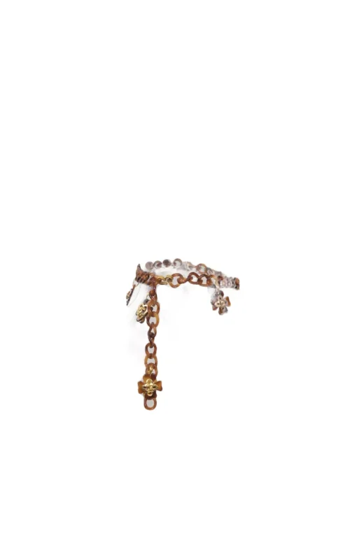 Brown tortoiseshell lucite chunky chain belt with Coco Mark heart and clover charms