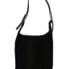 Brown velveteen mini shoulder bag with silver-tone metallic hardware and embossed leather strap