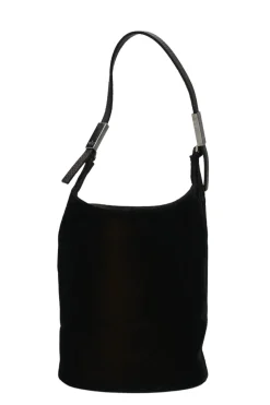 Brown velveteen mini shoulder bag with silver-tone metallic hardware and embossed leather strap