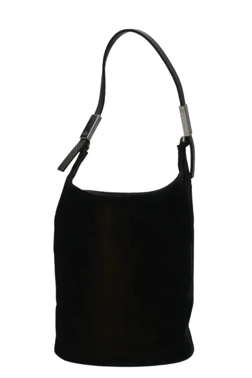 Brown velveteen mini shoulder bag with silver-tone metallic hardware and embossed leather strap