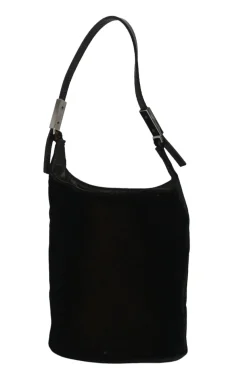 Brown velveteen mini shoulder bag with silver-tone metallic hardware and embossed leather strap
