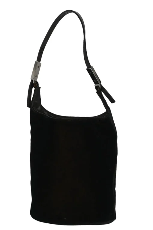 Brown velveteen mini shoulder bag with silver-tone metallic hardware and embossed leather strap