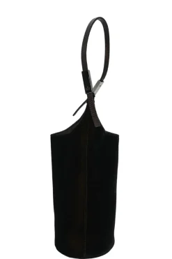 Brown velveteen mini shoulder bag with silver-tone metallic hardware and embossed leather strap