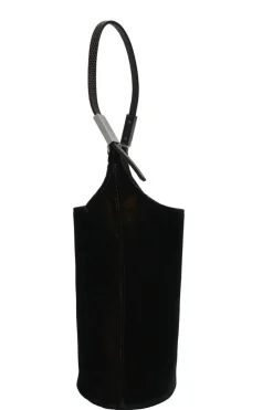 Brown velveteen mini shoulder bag with silver-tone metallic hardware and embossed leather strap