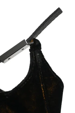 Brown velveteen mini shoulder bag with silver-tone metallic hardware and embossed leather strap