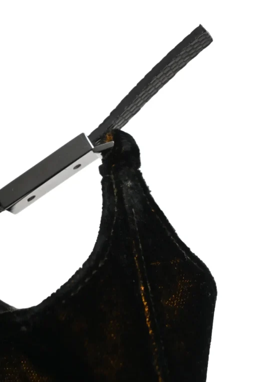 Brown velveteen mini shoulder bag with silver-tone metallic hardware and embossed leather strap