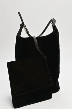Brown velveteen mini shoulder bag with silver-tone metallic hardware and embossed leather strap