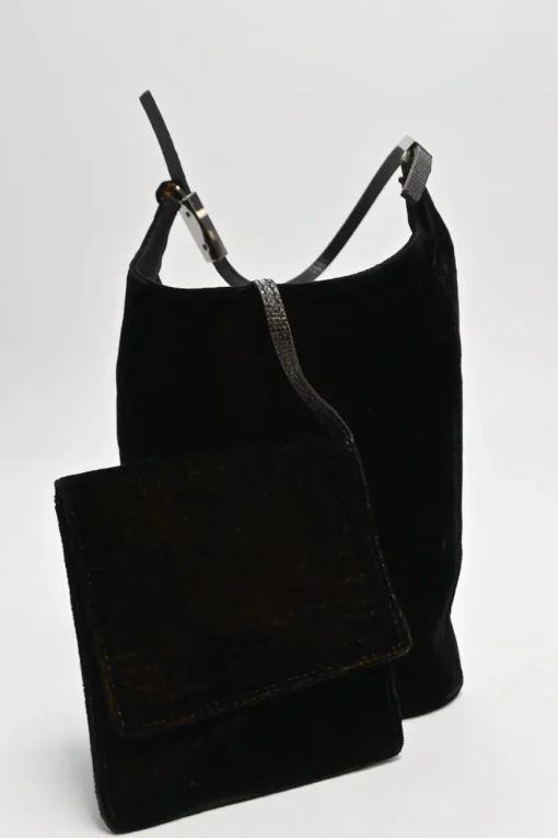 Brown velveteen mini shoulder bag with silver-tone metallic hardware and embossed leather strap