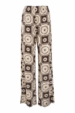 Brown viscose Yareli patchwork floral print high-rise wide-leg pants with elasticated waistband