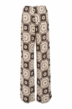 Brown viscose Yareli patchwork floral print high-rise wide-leg pants with elasticated waistband