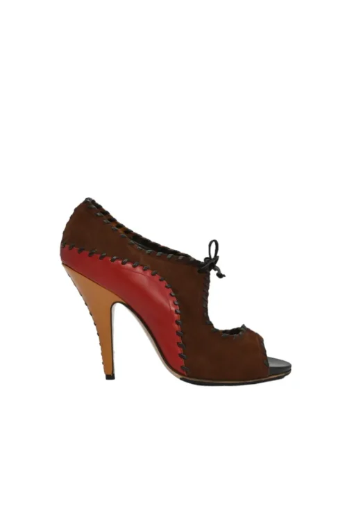 Brown whipstitch paneled leather open-toe booties with ankle tie fastening