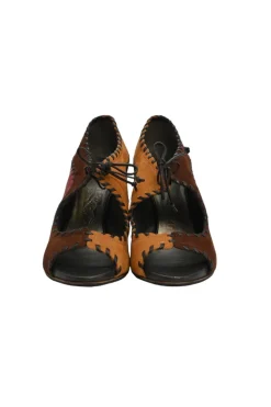 Brown whipstitch paneled leather open-toe booties with ankle tie fastening
