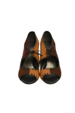 Brown whipstitch paneled leather open-toe booties with ankle tie fastening