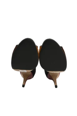 Brown whipstitch paneled leather open-toe booties with ankle tie fastening