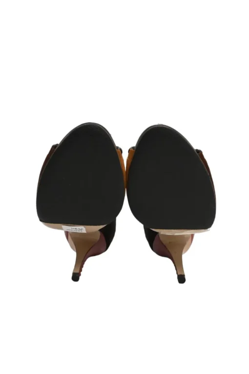 Brown whipstitch paneled leather open-toe booties with ankle tie fastening