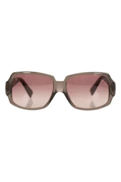 Brown with pink shimmer plastic sunglasses with monogram on temples and pink gradient lenses