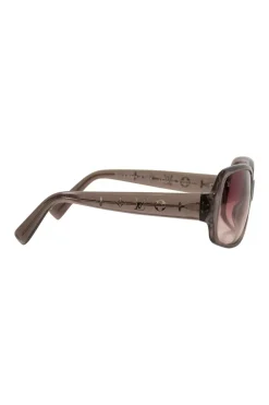Brown with pink shimmer plastic sunglasses with monogram on temples and pink gradient lenses