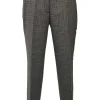 Brown wool houndstooth check tweed pull-on low-rise tapered leg tailored trousers with extended tab closure