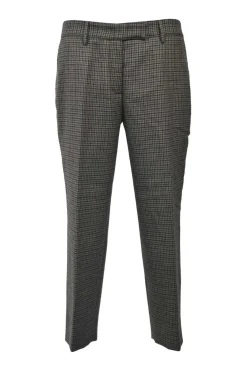 Brown wool houndstooth check tweed pull-on low-rise tapered leg tailored trousers with extended tab closure