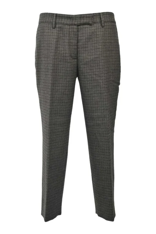 Brown wool houndstooth check tweed pull-on low-rise tapered leg tailored trousers with extended tab closure