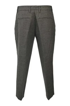 Brown wool houndstooth check tweed pull-on low-rise tapered leg tailored trousers with extended tab closure