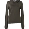 Brown wool interlock jersey knit twist-drape cowl neck sweater with ribbed collar