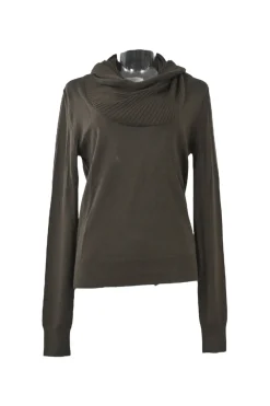 Brown wool interlock jersey knit twist-drape cowl neck sweater with ribbed collar