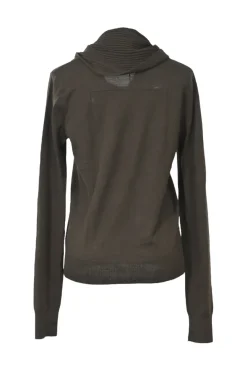 Brown wool interlock jersey knit twist-drape cowl neck sweater with ribbed collar