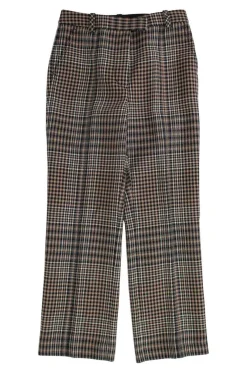 Brown wool plaid houndstooth straight pants with side pockets and front zipper hook closure