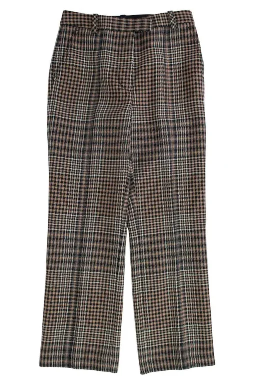 Brown wool plaid houndstooth straight pants with side pockets and front zipper hook closure