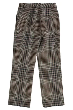 Brown wool plaid houndstooth straight pants with side pockets and front zipper hook closure