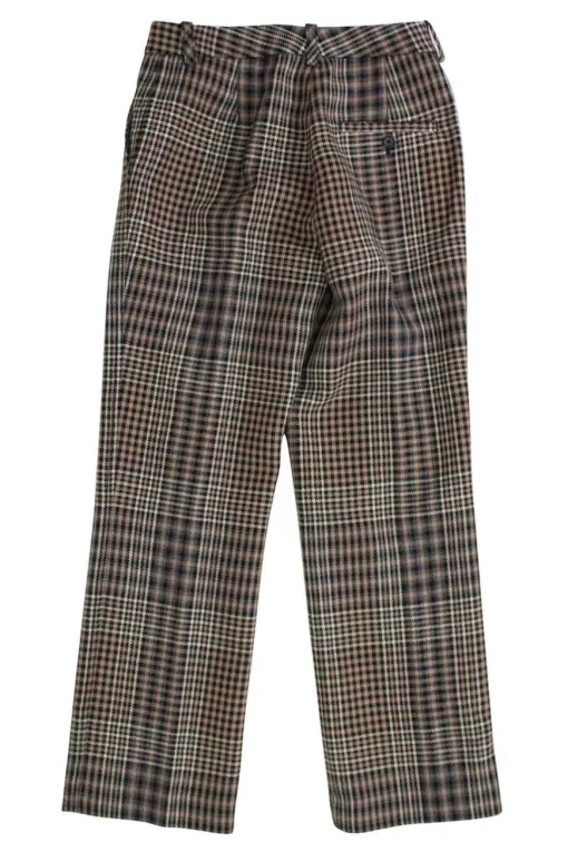 Brown wool plaid houndstooth straight pants with side pockets and front zipper hook closure