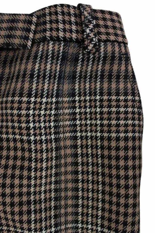 Brown wool plaid houndstooth straight pants with side pockets and front zipper hook closure