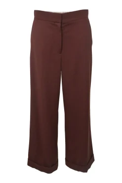 Brown wool pull-on high-rise wide-leg tailored trousers with turn-up cuffs