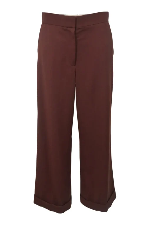 Brown wool pull-on high-rise wide-leg tailored trousers with turn-up cuffs