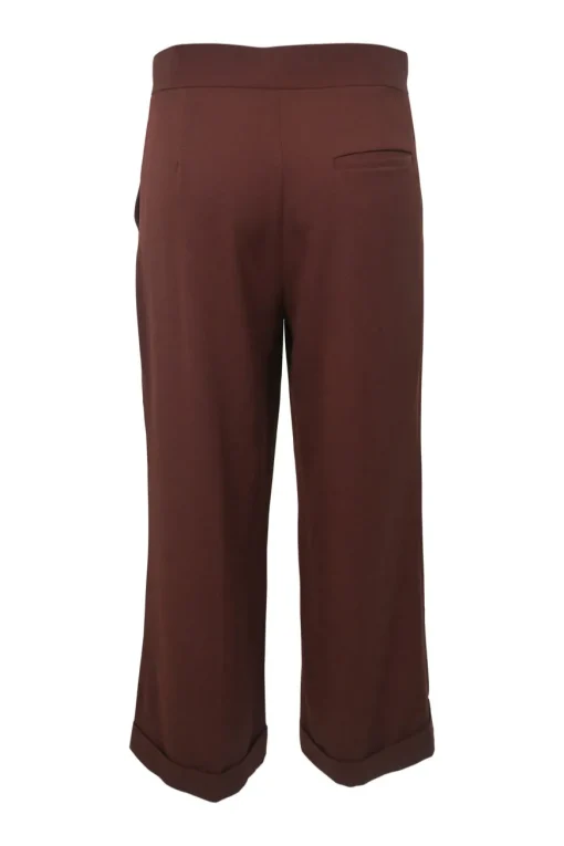 Brown wool pull-on high-rise wide-leg tailored trousers with turn-up cuffs