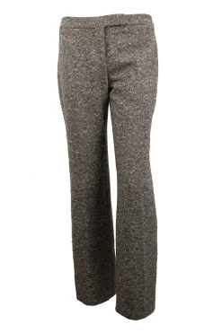 Brown wool tweed dress trousers with wide leg.