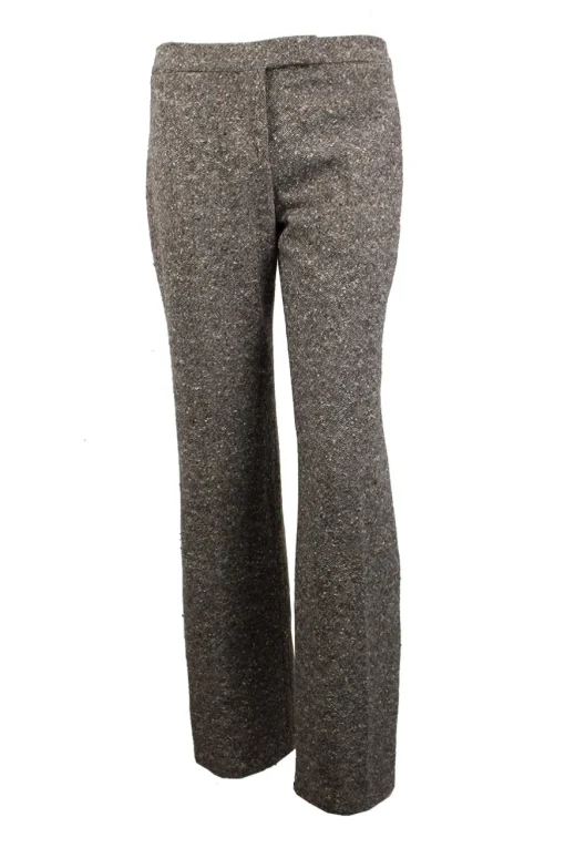 Brown wool tweed dress trousers with wide leg.