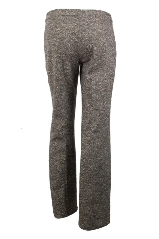 Brown wool tweed dress trousers with wide leg.