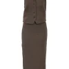 Brown wool tweed two-piece set featuring tailored waistcoat and pencil skirt
