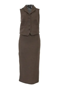 Brown wool tweed two-piece set featuring tailored waistcoat and pencil skirt