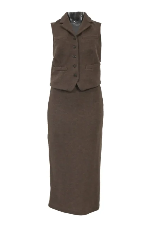 Brown wool tweed two-piece set featuring tailored waistcoat and pencil skirt