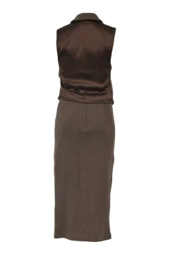 Brown wool tweed two-piece set featuring tailored waistcoat and pencil skirt