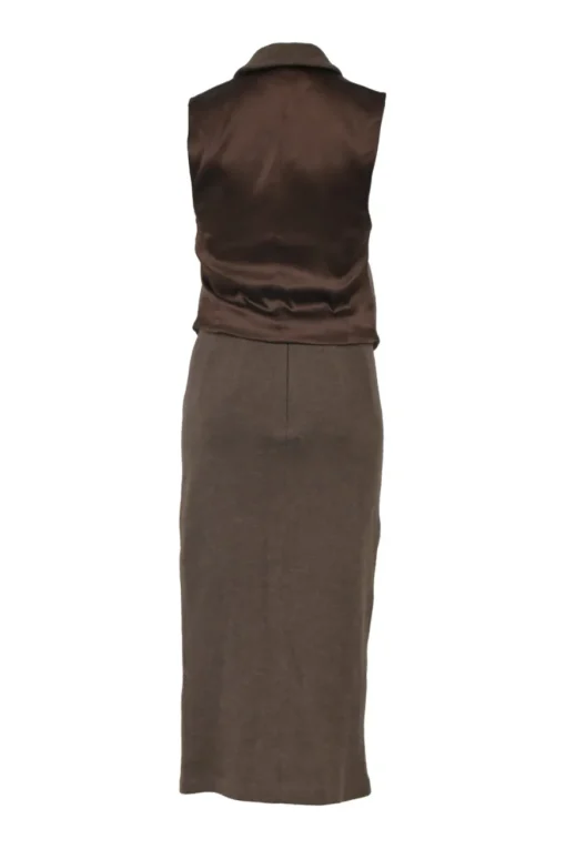 Brown wool tweed two-piece set featuring tailored waistcoat and pencil skirt