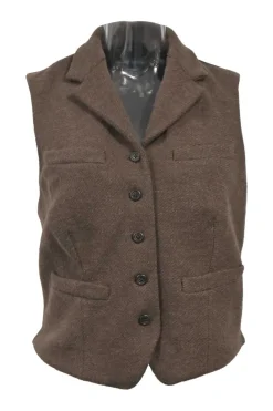 Brown wool tweed two-piece set featuring tailored waistcoat and pencil skirt