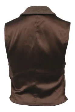 Brown wool tweed two-piece set featuring tailored waistcoat and pencil skirt