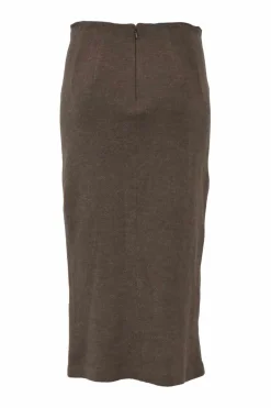 Brown wool tweed two-piece set featuring tailored waistcoat and pencil skirt